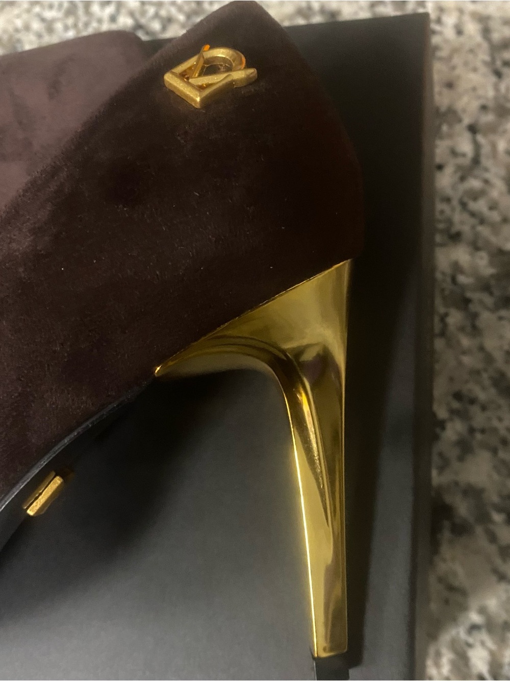 Donna Karan Dark Brown Suede Pointed Heel with Gold Accents - Picture 5 of 10
